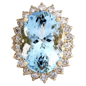 Natural Aquamarine 14 Karat Yellow Gold Diamond Ring