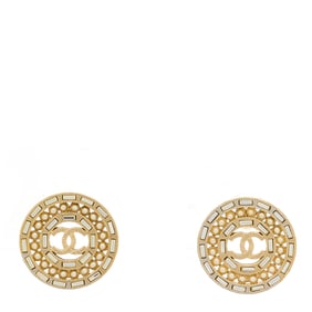 Chanel Pearl Crystal Baguette CC Round Earrings Gold