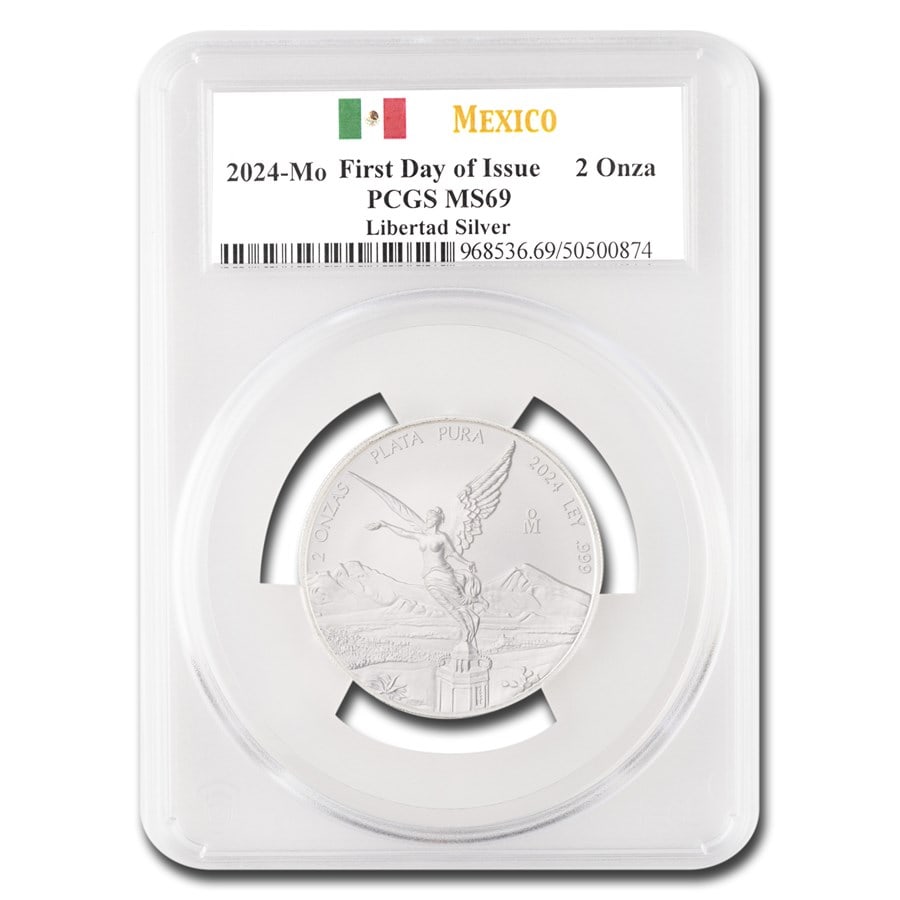 2024 Mexico 2 oz Silver Libertad MS-69 PCGS (First Day Issue): 2024 Mexico 2 oz Silver Libertad MS-69 PCGS (First Day Issue) SKU no: RBJ311275 Year: 2024 Grade: MS-69 Grade Service: PCGS Mint Mark: Mo - Mexico City Metal Content: 2 troy oz Purity: .9