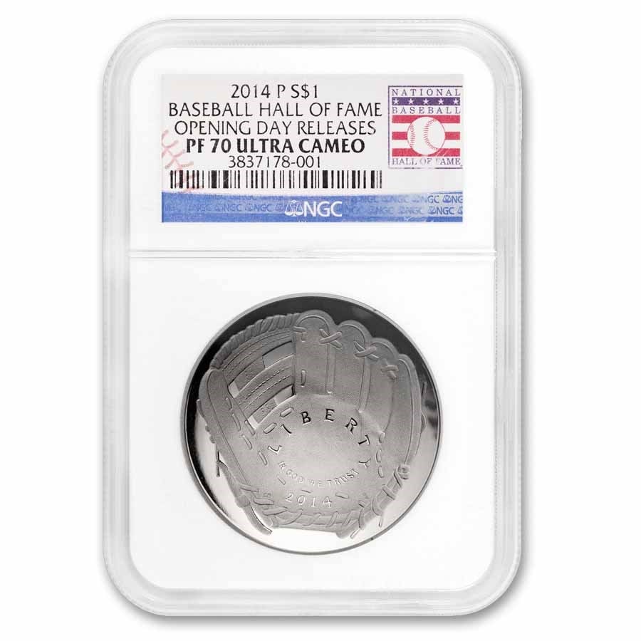 2014-P Baseball HOF $1 Silver Commem PF-70 NGC (Opening Day): 2014-P Baseball HOF $1 Silver Commem PF-70 NGC (Opening Day) SKU no: RBJ310128 Year: 2014 Grade: Proof - 70 UCAM Grade Service: NGC Denomination: 1 Dollar Mint Mark: P - Philadelphia Meta