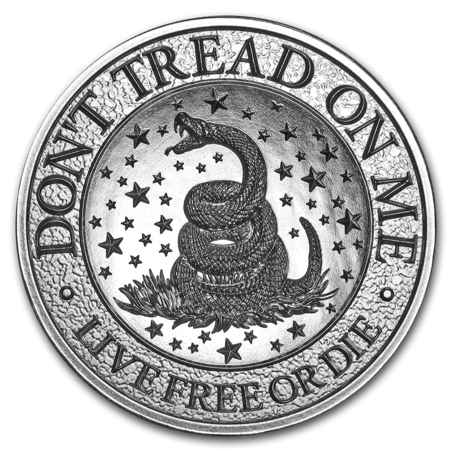 2 oz Silver High Relief Round - Dont Tread on Me: 2 oz Silver High Relief Round - Dont Tread on Me SKU no: RBJ168656 Grade: None Grade Service: None Mint Mark: N/A - Not Available Metal Content: 2 troy oz Purity: .999 Thickness: 6 mm
