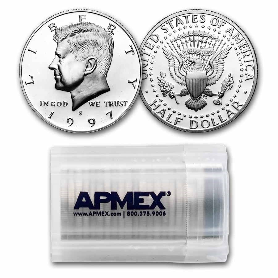 1997-S Silver Kennedy Half Dollar 20-Coin Roll Proof: 1997-S Silver Kennedy Half Dollar 20-Coin Roll Proof SKU no: RBJ308925 Year: 1997 Grade: Proof Grade Service: None Denomination: 50 Cents Mint Mark: S - San Francisco Metal Content: 7.234