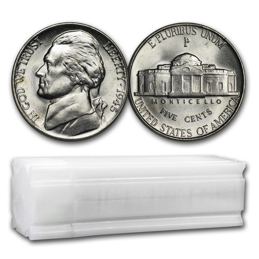 1945-P 35% Silver Wartime Jefferson Nickel Roll BU: 1945-P 35% Silver Wartime Jefferson Nickel Roll BU SKU no: RBJ36817 Year: 1945 Grade: Brilliant Unc Grade Service: None Denomination: 5 Cents Mint Mark: P - Philadelphia Metal Content: 2.