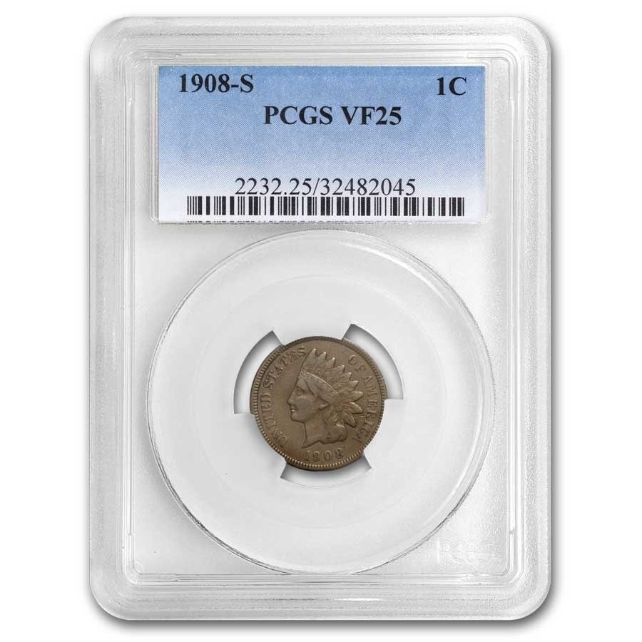 1908-S Indian Head Cent VF-25 PCGS: 1908-S Indian Head Cent VF-25 PCGS SKU no: RBJ89510 Year: 1908 Grade: Very Fine - 25 Grade Service: PCGS Denomination: 1 Cent Mint Mark: S - San Francisco Metal Content: 0 troy oz