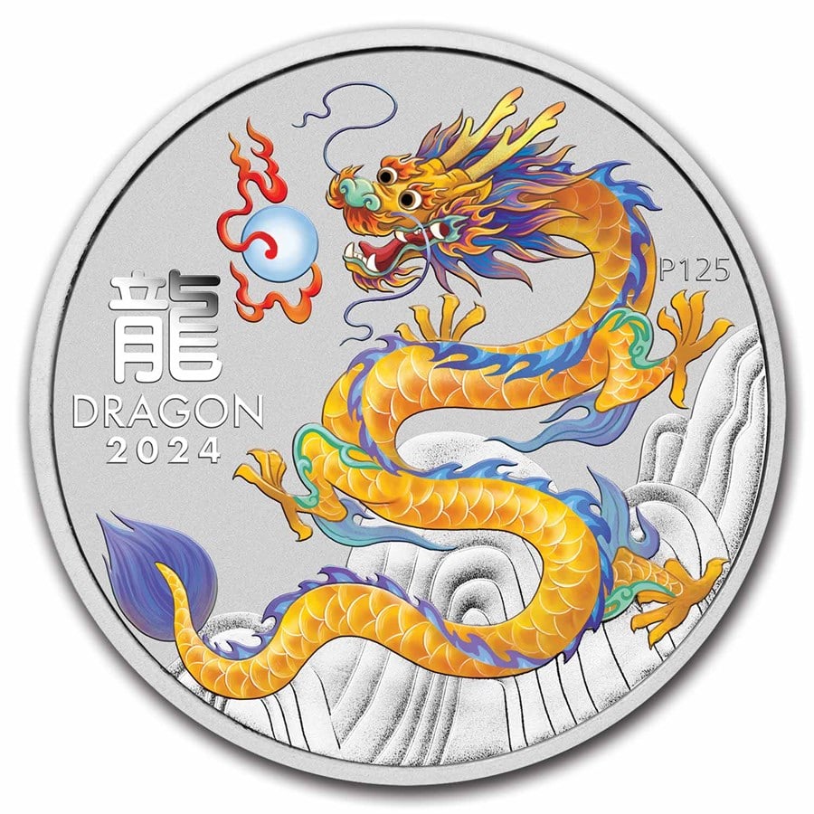 2024 Australia 1 oz Silver Lunar Colorized Yellow Dragon-Capsule: 2024 Australia 1 oz Silver Lunar Colorized Yellow Dragon-Capsule SKU no: RBJ300344 Year: 2024 Grade: Brilliant Unc Grade Service: None Denomination: 1 Dollar Mint Mark: P - Perth Metal Co