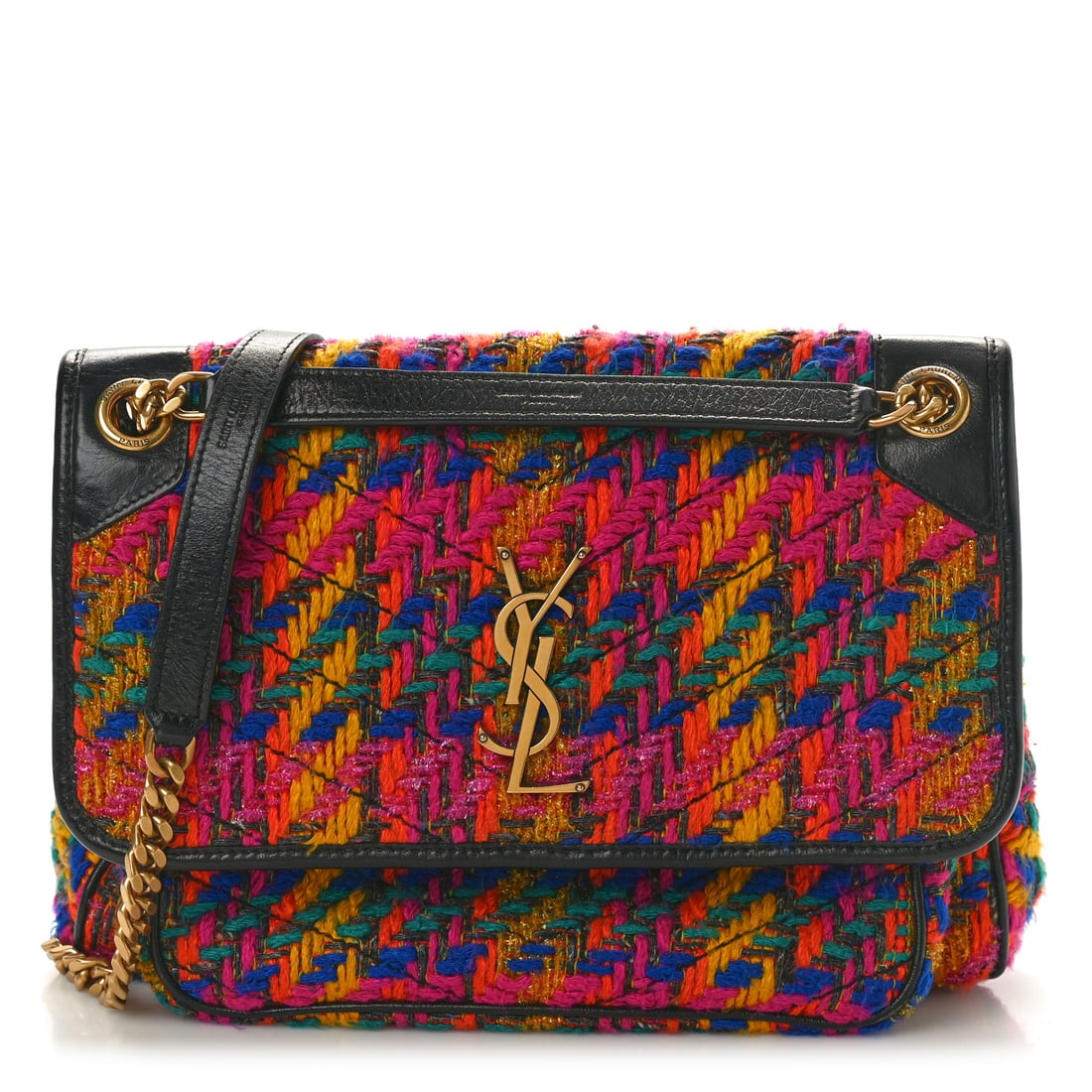 Saint Laurent Tweed Calfskin Matelasse Monogram: Saint Laurent Tweed Calfskin Matelasse Monogram Medium Niki Chain Satchel Multicolor Brand: SAINT LAURENT Condition: Shows Wear Condition Details: Exterior: Faded area(s), edge wear, frayed, surface w