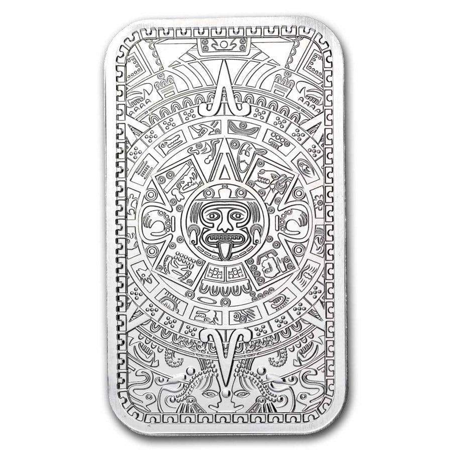 1 oz Silver Bar - Aztec: 1 oz Silver Bar - Aztec SKU no: RBJ274342 Grade: None Grade Service: None Mint Mark: N/A - Not Available Metal Content: 1 troy oz Purity: .999 Thickness: 2.7 mm Diameter: 50.4 x