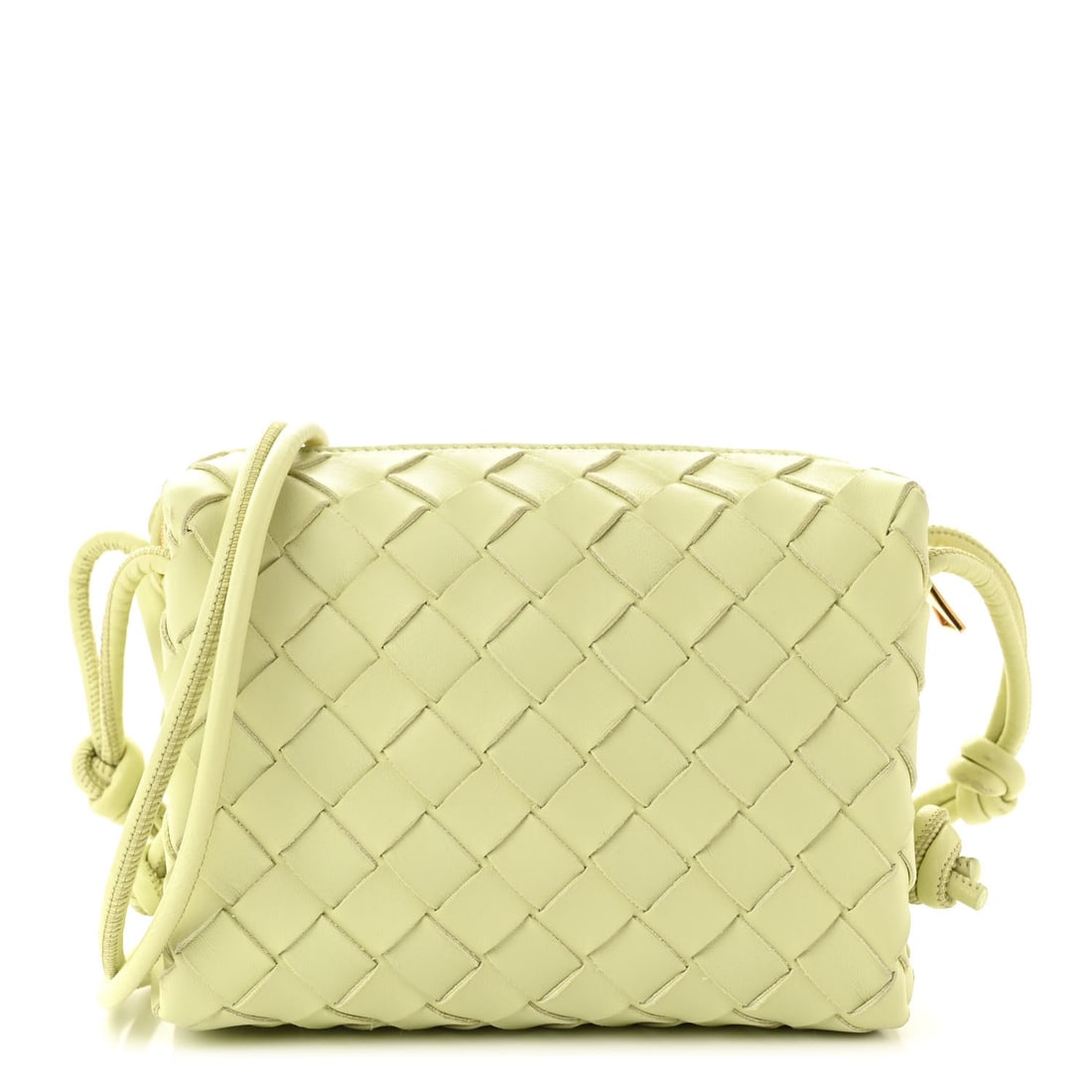 Bottega Veneta Nappa Intrecciato Mini Loop Camera Bag Lemon Washed: Bottega Veneta Nappa Intrecciato Mini Loop Camera Bag Lemon Washed Brand: BOTTEGA VENETA Condition: Shows Wear Condition Details: Interior: Residue marks, surface wear, Exterior: Corner wear, edge wea