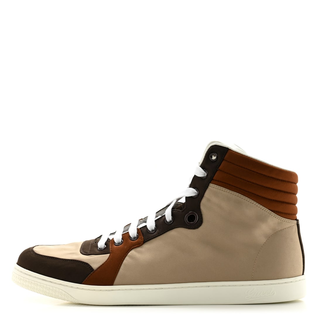 Gucci Poli Satin Mens High Top Sneakers 10 Cocoa: Gucci Poli Satin Mens High Top Sneakers 10 Cocoa Brand: GUCCI Condition: Excellent Condition Details: Other: Scuffs at soles, marks on sole(s), , Box, Dust bag Size: 10 SKU no: RBJ 1573460 , Box,