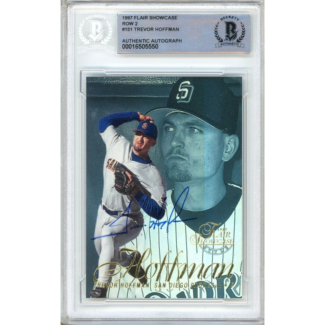 trevor hoffman san diego padres signed: trevor hoffman san diego padres signed 1997 flair showcase card beckett auth auto slab This autographed 1997 Flair Showcase Row 2 baseball card featuring Trevor Hoffman in his San Diego Padres uniform