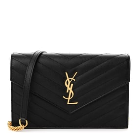 Saint Laurent Grain De Poudre Matelasse Chevron Monogram Envelope Chain Wallet Black
