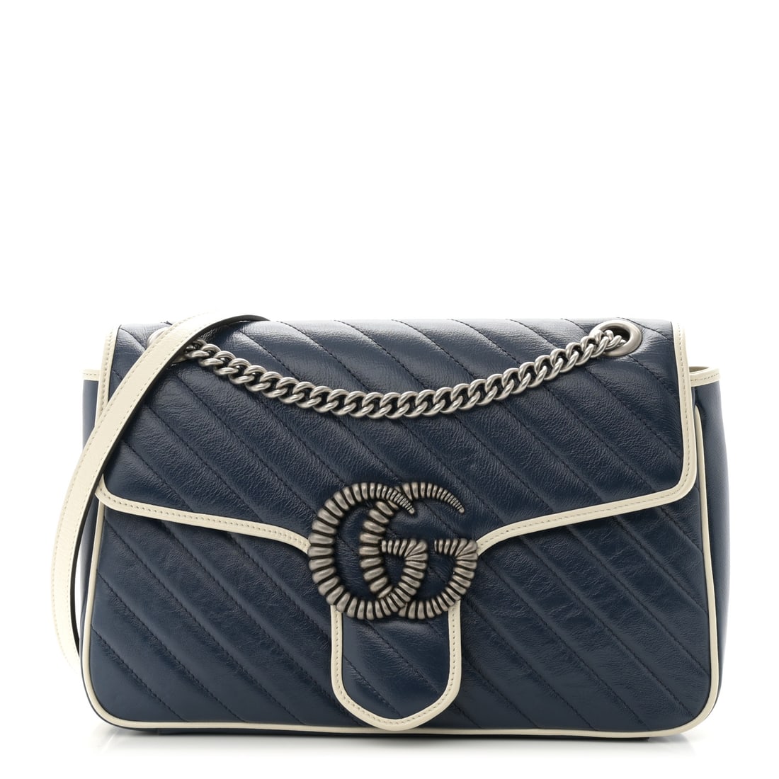Gucci Vintage Effect Calfskin Matelasse Diagonal Medium Torchon GG Marmont Shoulder Bag Blue Agata: Gucci Vintage Effect Calfskin Matelasse Diagonal Medium Torchon GG Marmont Shoulder Bag Blue Agata Mystic White Brand: GUCCI Condition: Excellent Condition Details: Interior: Surface wear, Exterior: I