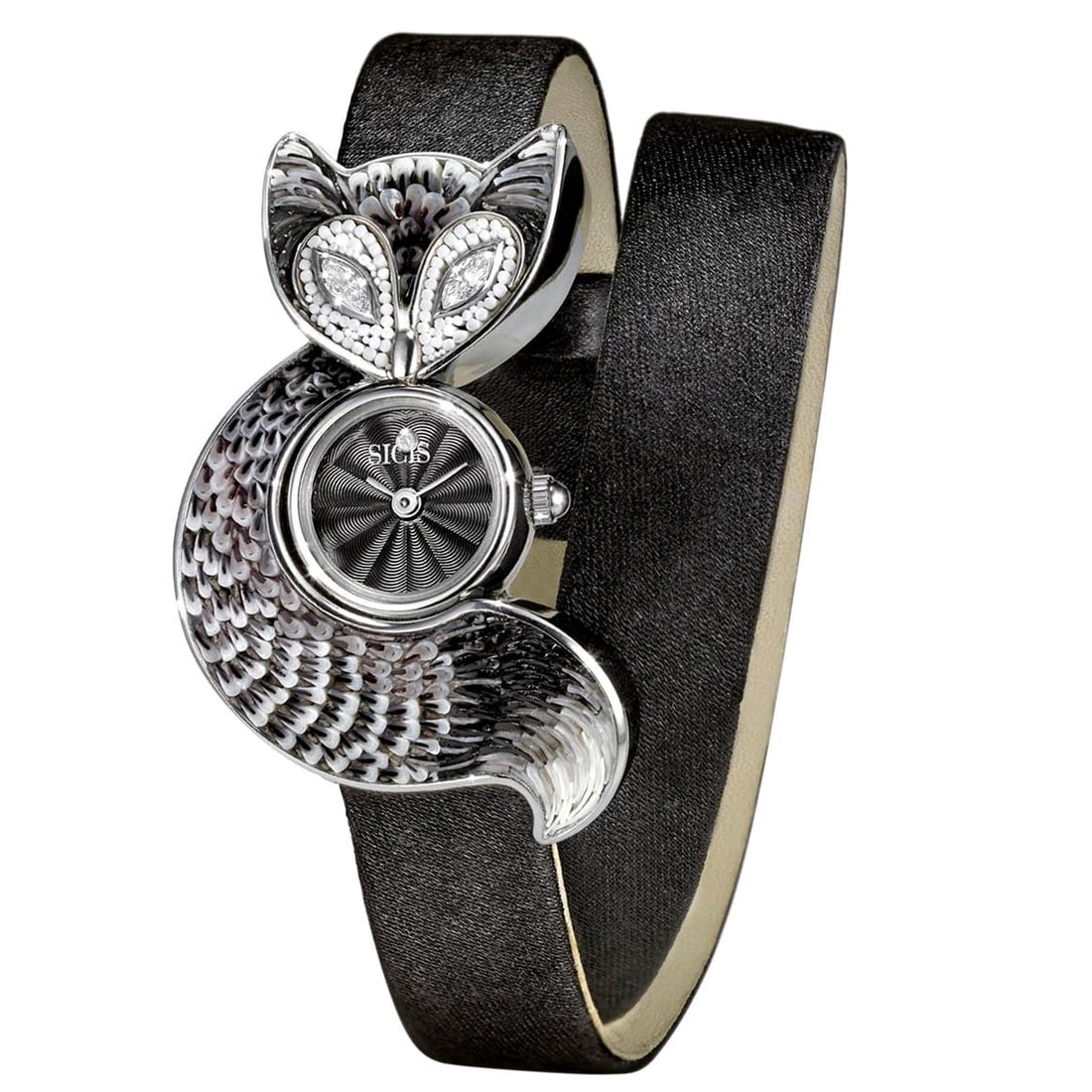 Watch Steel Case Silver White Diamonds: Watch Steel Case Silver White Diamonds Satin Strap Guilloche Dial Nano Mosaic Brand: Sicis Jewels Case Material: Silver, Steel Stone: White Diamond Stone Cut: Marquise Cut Style: Modern Place of O