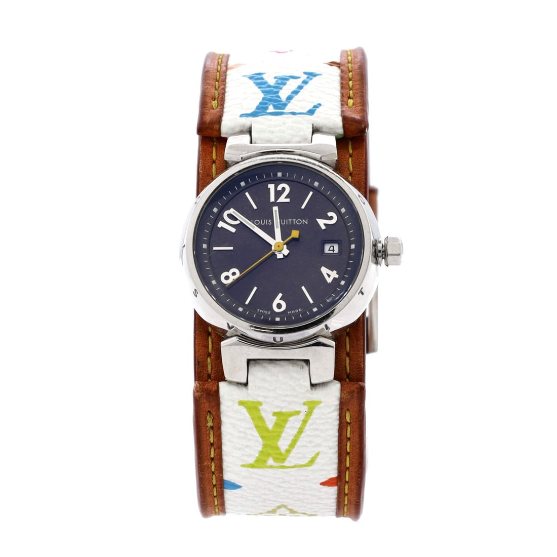 Louis Vuitton Tambour Quartz Watch Stainless: Louis Vuitton Tambour Quartz Watch Stainless Steel and Monogram Multicolor 28 Dial Color: Brown Band Color: Multi Color Band Material: Leather Case Material: Stainless Steel Movement: Quartz Compl
