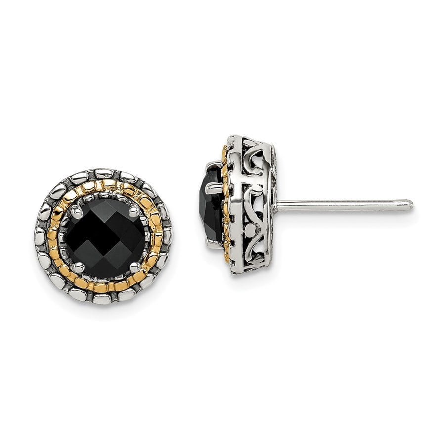 Sterling Silver w/14k Yellow Gold Polished Round Onyx Earrings: Sterling Silver w/14k Yellow Gold Polished Round Onyx Earrings SKU no: RBJ184483 Metal: Gold Purity: 14K Finish: Polished & Antiqued Stone Type: Onyx Stone Color: Black Earring Closure: P
