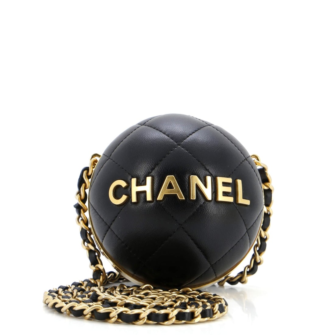 Chanel 22 Sphere Minaudiere Quilted Lambskin: Chanel 22 Sphere Minaudiere Quilted Lambskin Exterior Color: Black Interior Color: Black Exterior Material: Leather Interior Material: Leather Hardware Color: Aged Gold Accessories: No Accessories