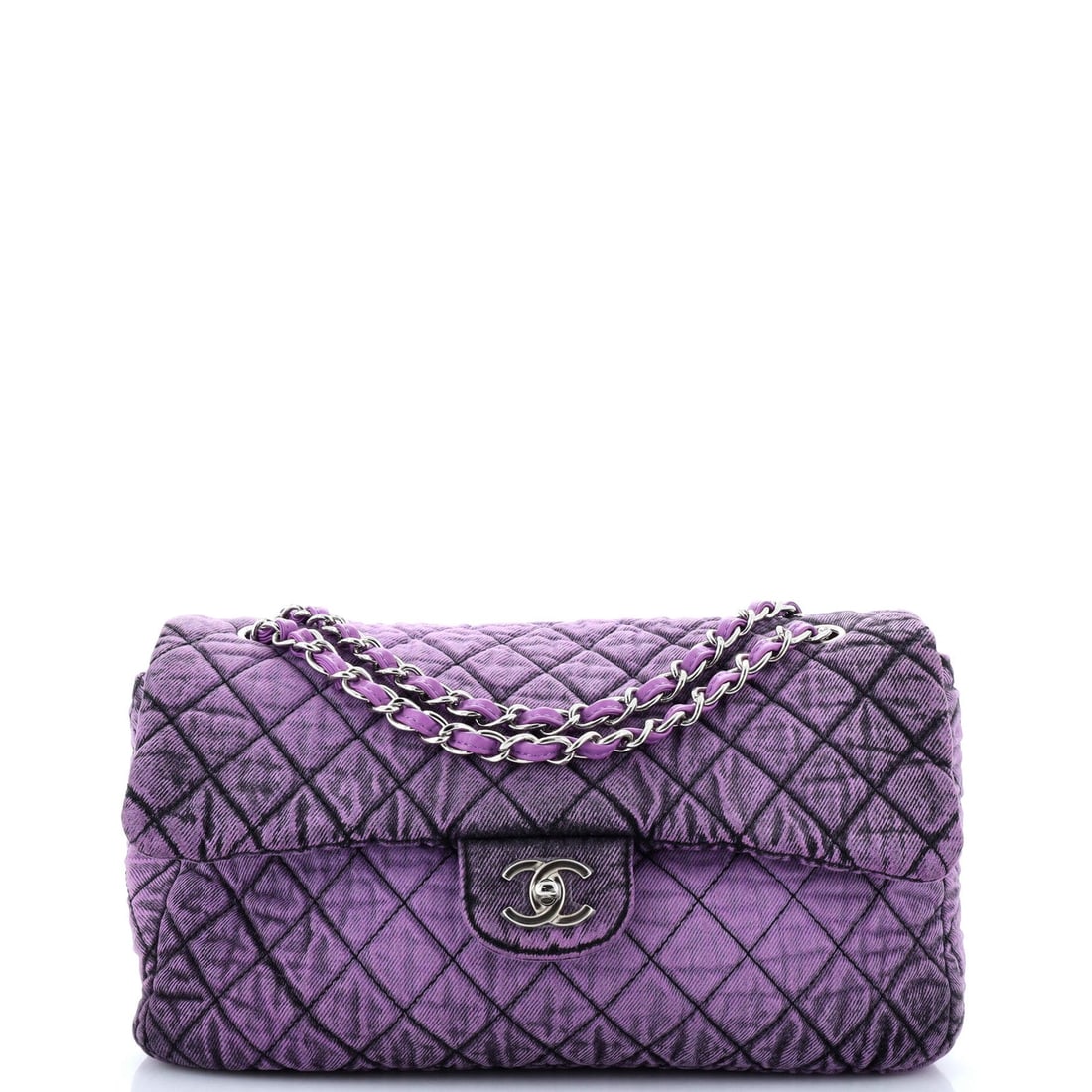 Chanel Denimpression Flap Bag Quilted Distressed: Chanel Denimpression Flap Bag Quilted Distressed Denim Medium Exterior Color: Purple Interior Color: Purple Exterior Material: Denim Interior Material: Denim Hardware Color: Silver Accessories: Au