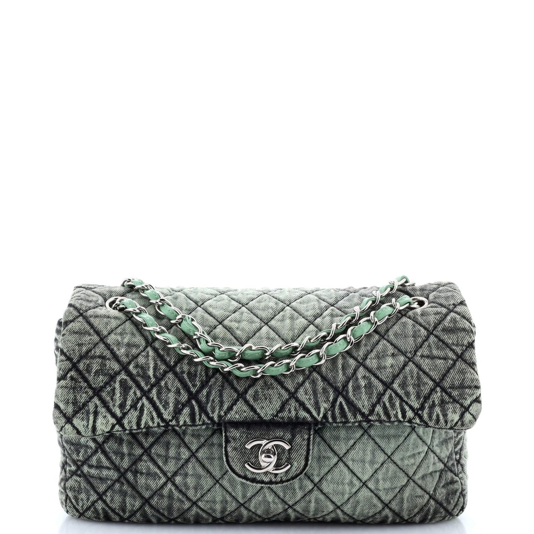 Chanel Denimpression Flap Bag Quilted Distressed: Chanel Denimpression Flap Bag Quilted Distressed Denim Medium Exterior Color: Green Interior Color: Green Exterior Material: Denim Interior Material: Denim Hardware Color: Silver Accessories: Auth