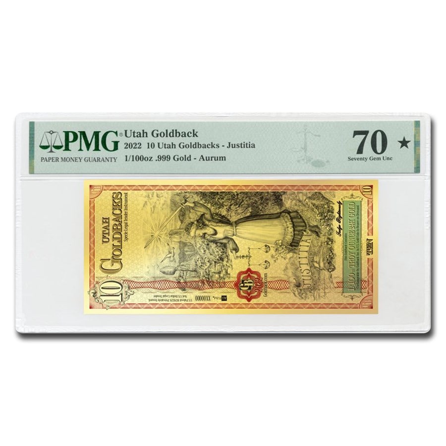 2022 10 Utah Goldback - Aurum Gold Foil Note 24k MS-70 PMG: 2022 10 Utah Goldback - Aurum Gold Foil Note 24k MS-70 PMG SKU no: RBJ310896 Year: 2022 Grade: (PMG) Superb Gem Unc - 70 Grade Service: PMG Mint Mark: N/A - Not Available Metal Content: 0.01 troy