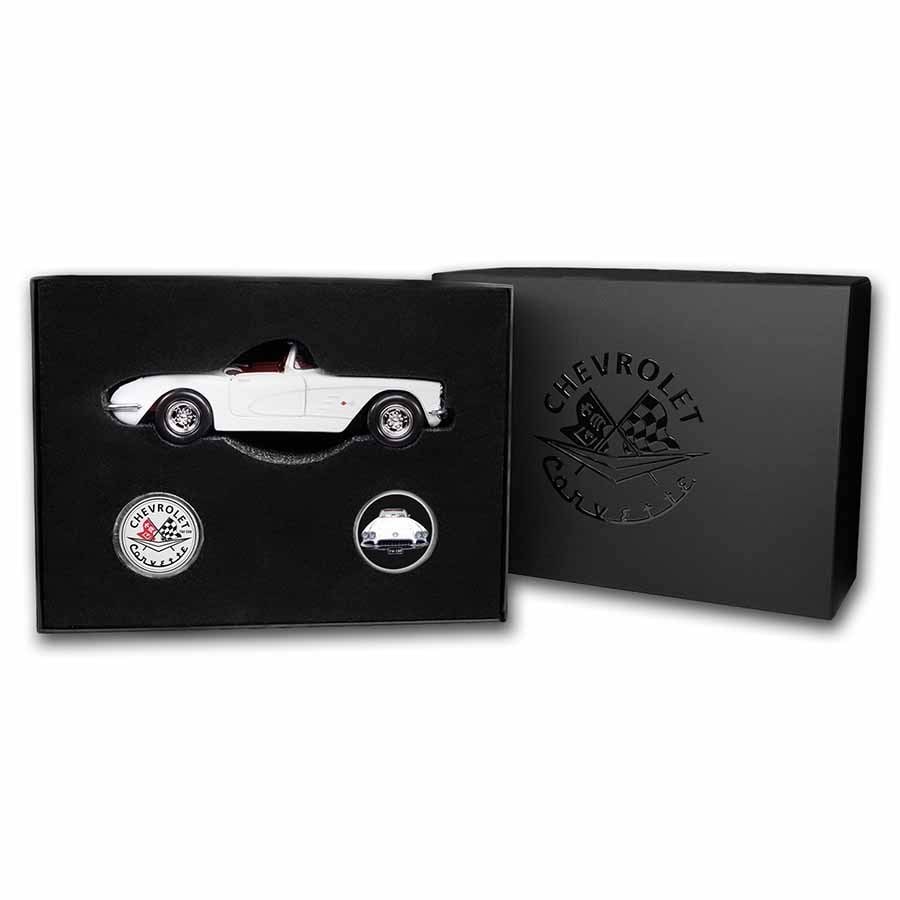 1959 Corvette 2 x 1 oz Silver Round & Die Cast Car Set - White: 1959 Corvette 2 x 1 oz Silver Round & Die Cast Car Set - White SKU no: RBJ257927 Grade: None Grade Service: Other Mint Mark: N/A - Not Available Metal Content: 2 troy oz Purity: .999 Diam