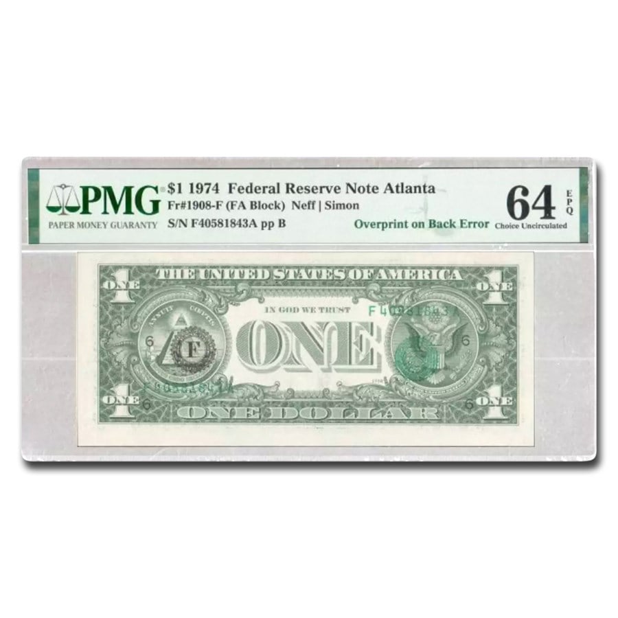 1974 (F-Atlanta) $1 FRN CU-64 EPQ PMG (Fr#1908-F) Overprint Error: 1974 (F-Atlanta) $1 FRN CU-64 EPQ PMG (Fr#1908-F) Overprint Error SKU no: RBJ299740 Year: 1974 Grade: (PMG) Choice Unc - 64 Grade Service: PMG Denomination: 1 Dollar Mint Mark: F - Atlanta