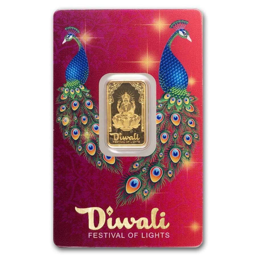 5 gram Gold Bar - PAMP Suisse Diwali Lakshmi & Peacocks: 5 gram Gold Bar - PAMP Suisse Diwali Lakshmi & Peacocks SKU no: RBJ288641 Year: N/A Grade: None Grade Service: Assay Card Mint Mark: None Metal Content: 0.1608 troy oz Purity: .9999 <