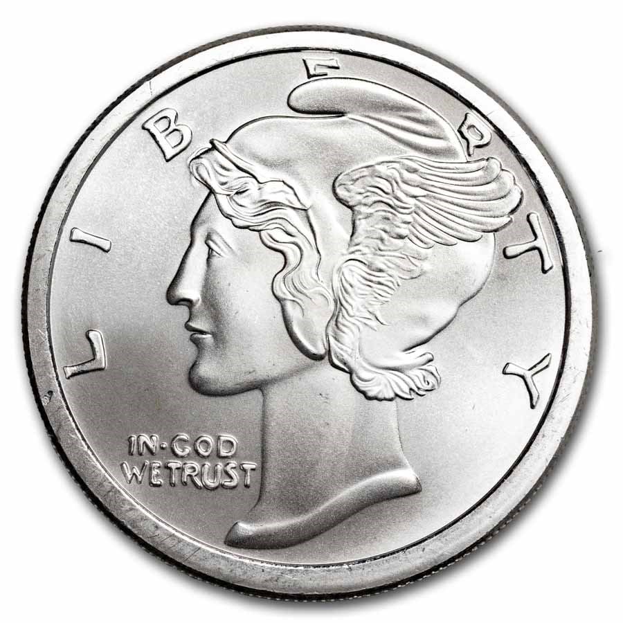 2 oz Silver Round - Mercury Head Dime: 2 oz Silver Round - Mercury Head Dime SKU no: RBJ35026 Grade: None Grade Service: None Mint Mark: N/A - Not Available Metal Content: 2 troy oz Purity: .999 Thickness: N/A mm Diam