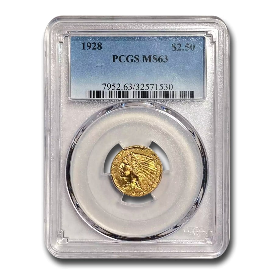 1928 $2.50 Indian Gold Quarter Eagle MS-63 PCGS: 1928 $2.50 Indian Gold Quarter Eagle MS-63 PCGS SKU no: RBJ40953 Year: 1928 Grade Service: PCGS Denomination: $2.50 Metal Content: 0.1209 troy oz Purity: .900 Thickness: 1.14 mm