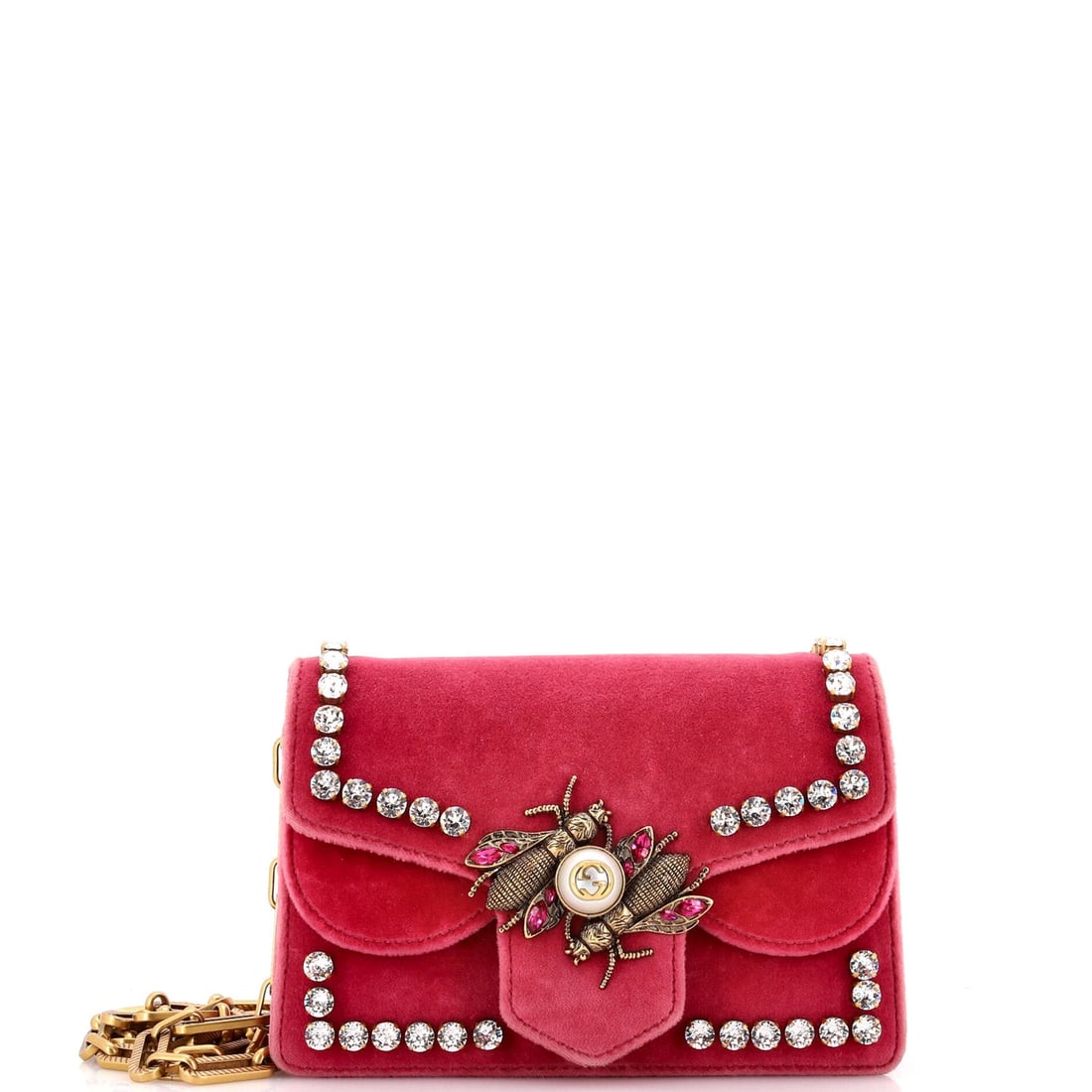 Gucci Broadway Pearly Bee Shoulder Bag: Gucci Broadway Pearly Bee Shoulder Bag Crystal Embellished Velvet Mini Exterior Color: Pink Interior Color: Neutral Exterior Material: Velvet Interior Material: Leather Hardware Color: Aged Gold A