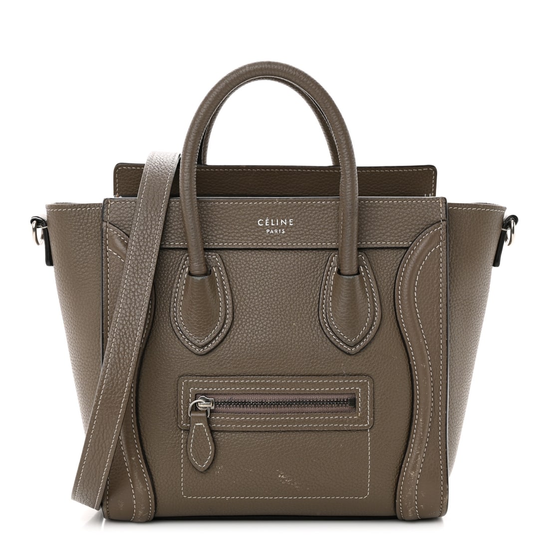 Celine Drummed Calfskin Nano Luggage Souris: Celine Drummed Calfskin Nano Luggage Souris Brand: CELINE Condition: Worn Condition Details: Exterior: Corner wear, scuffs, edge wear, frayed, marks, surface wear, Handle: Surface wear, edge wear, mar