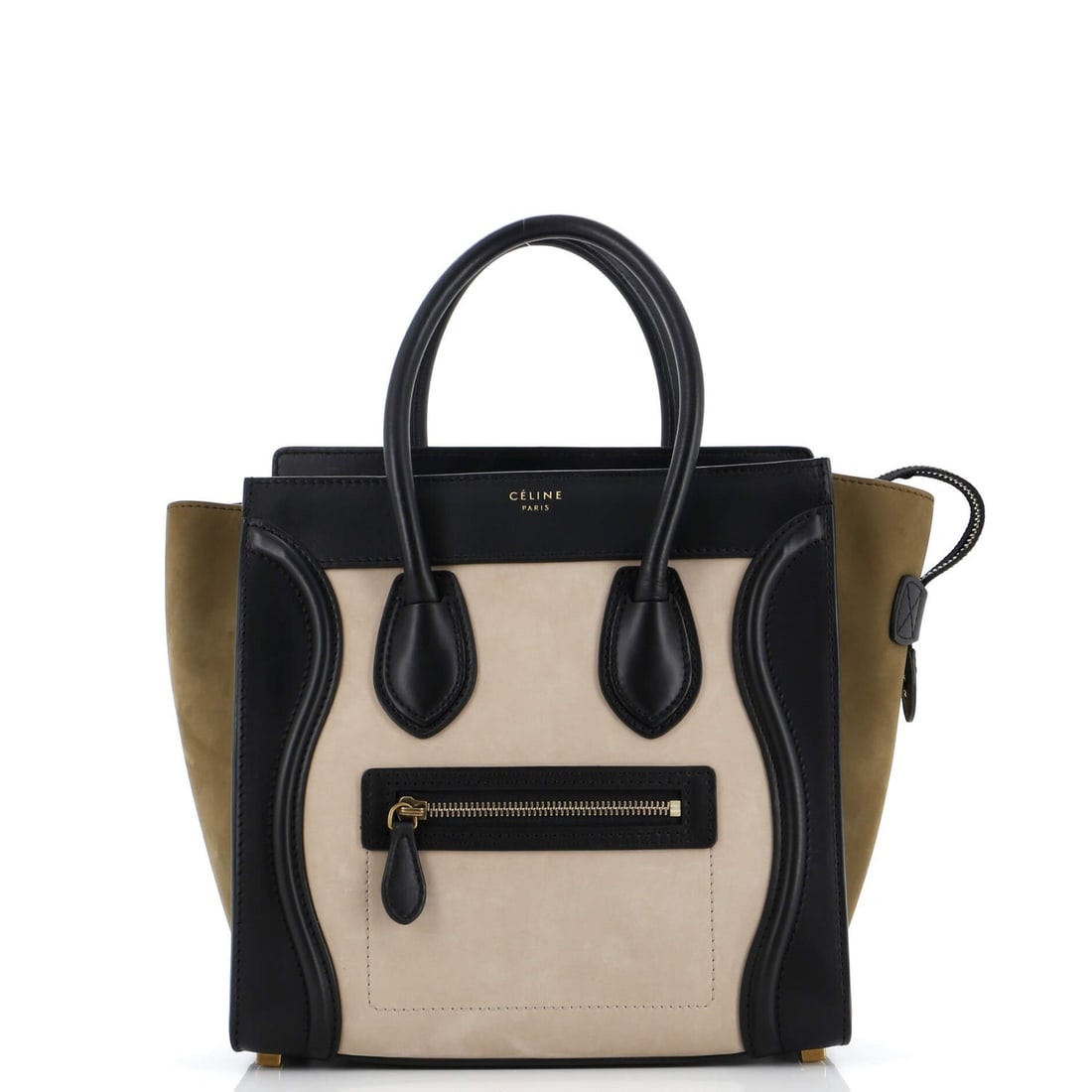 Celine Tricolor Luggage Bag Leather Micro: Celine Tricolor Luggage Bag Leather Micro Exterior Color: Multicolor Interior Color: Black Exterior Material: Leather, Suede Interior Material: Leather Hardware Color: Aged Gold Estimated Retail: