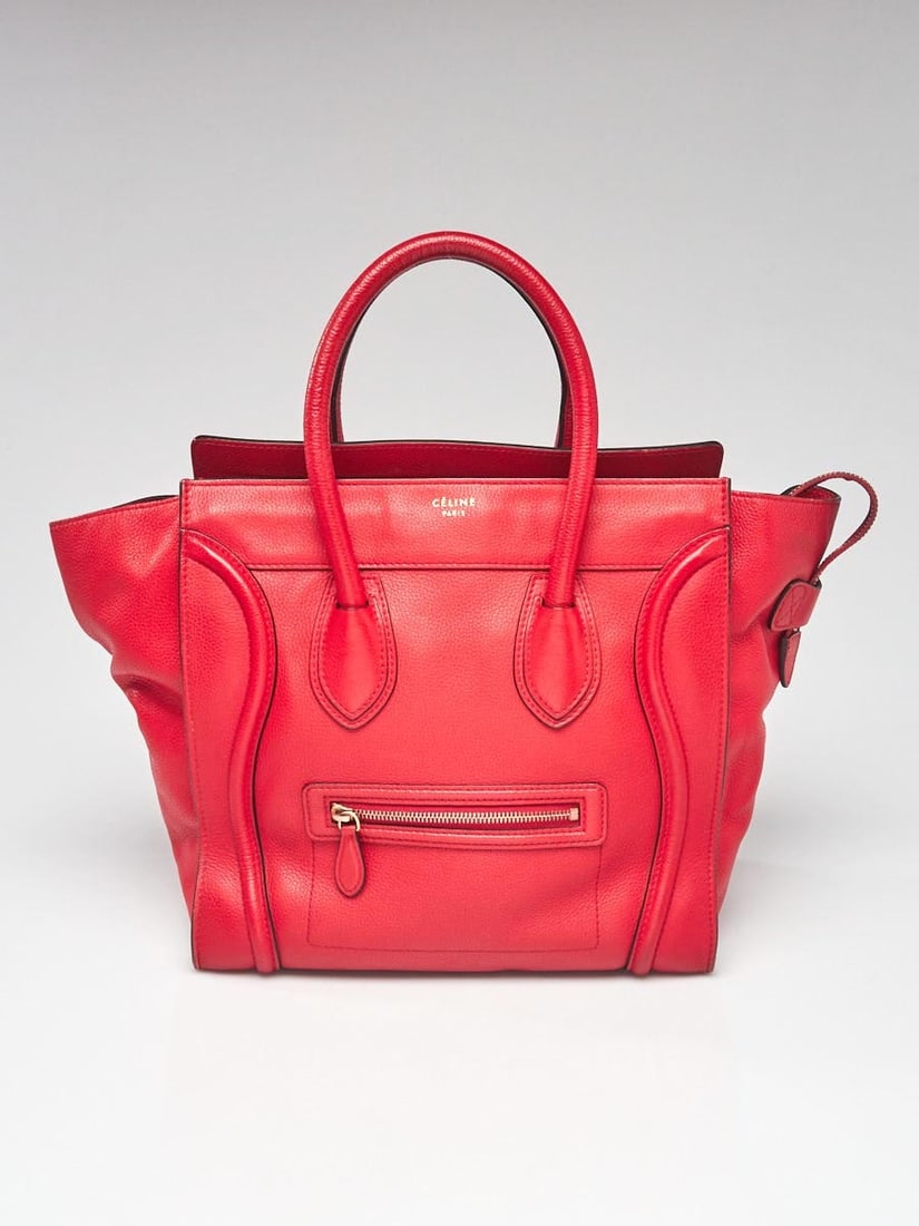 CELINE Red Drummed Calfskin Leather Mini: CELINE Red Drummed Calfskin Leather Mini Luggage Tote Bag Overall Condition: Gently used Exterior Condition: Gently used Interior Condition: Gently used Designer: Celine Material: Red drummed calfskin