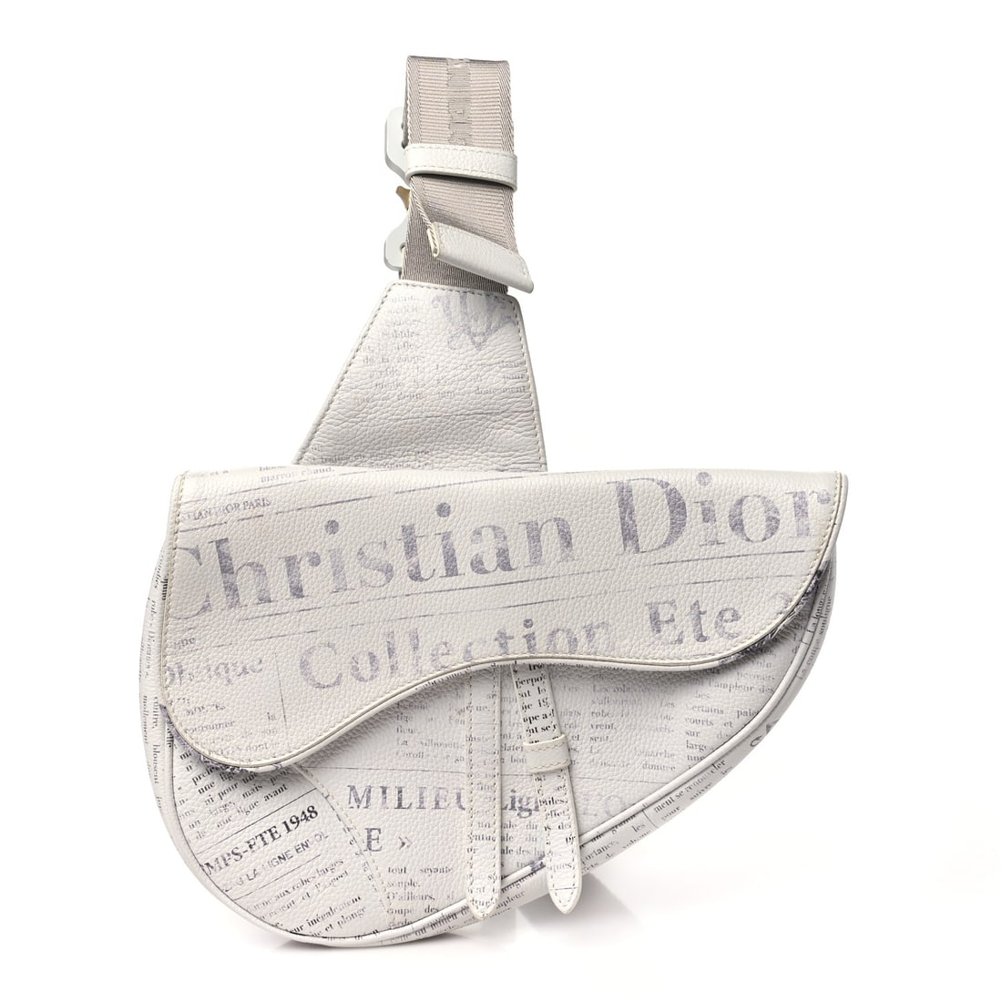 Christian Dior X DANIEL ARSHAM Grained: Christian Dior X DANIEL ARSHAM Grained Calfskin Newspaper Print Saddle Bag White Brand: CHRISTIAN DIOR Condition: Shows Wear Condition Details: Exterior: Bowed base, faint scuffs, Handle: Frayed, Hard