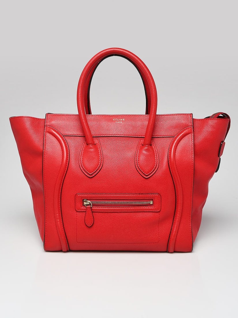 CELINE Red Drummed Calfskin Leather Mini: CELINE Red Drummed Calfskin Leather Mini Luggage Tote Bag Overall Condition: Gently used Exterior Condition: Gently used Interior Condition: Gently used Designer: Celine Material: Red drummed calfskin