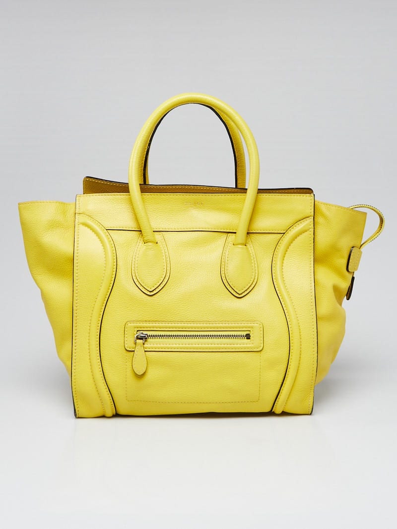 CELINE Yellow Drummed Leather Mini Luggage: CELINE Yellow Drummed Leather Mini Luggage Tote Bag Overall Condition: Gently used Exterior Condition: Gently used Interior Condition: Gently used Designer: Celine Material: Yellow Drummed leather