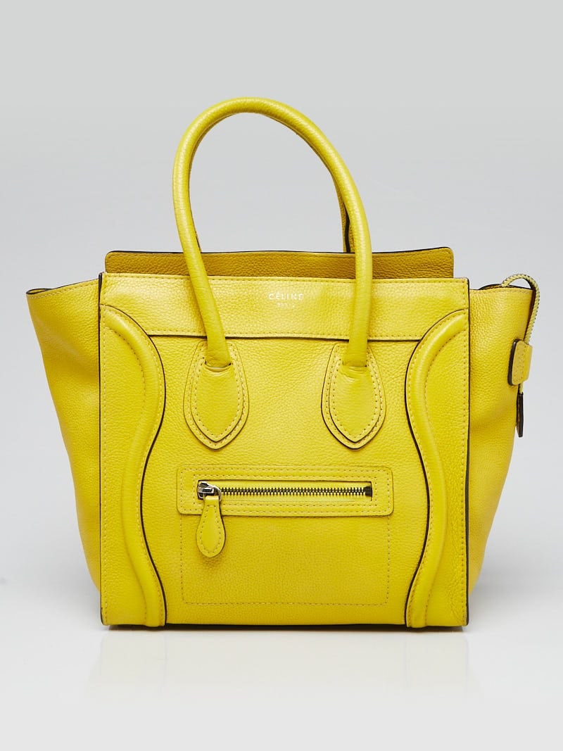 CELINE Yellow Drummed Leather Micro Luggage: CELINE Yellow Drummed Leather Micro Luggage Tote Bag Overall Condition: Gently used Exterior Condition: Gently used Interior Condition: Gently used Designer: Celine Material: Yellow pebbled leather <b