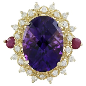 Amethyst and Ruby Diamond Ring 14K Yellow Gold