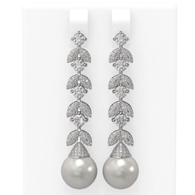 3.32 ctw Diamond & Pearl Earrings 18K White Gold