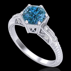 1.17 ctw Fancy Intense Blue Diamond Art Deco Ring 18k White Gold