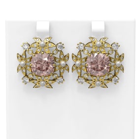 10.93 ctw Morganite & Diamond with Pearl Earrings 18K Yellow Gold