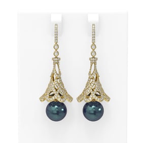 4.33 ctw Diamond & Pearl Earrings 18K Yellow Gold