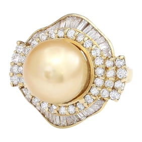 Gold South Sea Pearl Diamond Ring 14K Yellow Gold