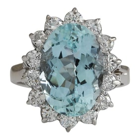 Natural Aquamarine Diamond Ring In 14