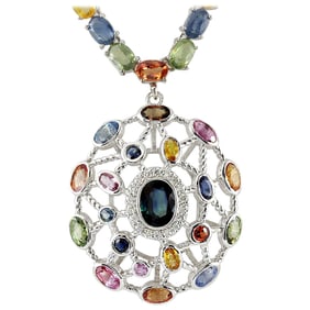 Sapphire Diamond Necklace 14K White Gold