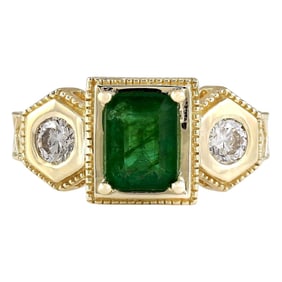 Emerald Diamond Ring 14K Yellow Gold