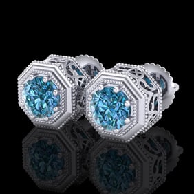 1.07 ctw Fancy Intense Blue Diamond Art Deco Earrings 18k White Gold