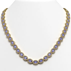 31.96 ctw Tanzanite & Diamond Micro Pave Halo Necklace 10k Yellow Gold