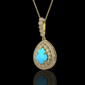 3.97 ctw Turquoise & Diamond Victorian Necklace 14K Yellow Gold
