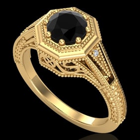 0.84 ctw Fancy Black Diamond Engagment Art Deco Ring 18k Yellow Gold