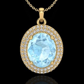 4 ctw Aquamarine & Micro Pave VS/SI Diamond Necklace 18k Yellow Gold